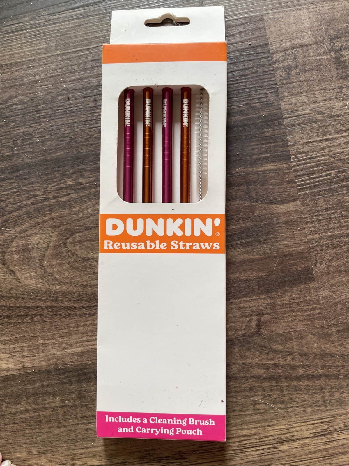 NIB 4 Dunkin Donuts Reusable Metal Straws  Cleaning Brush Pouch  Rare