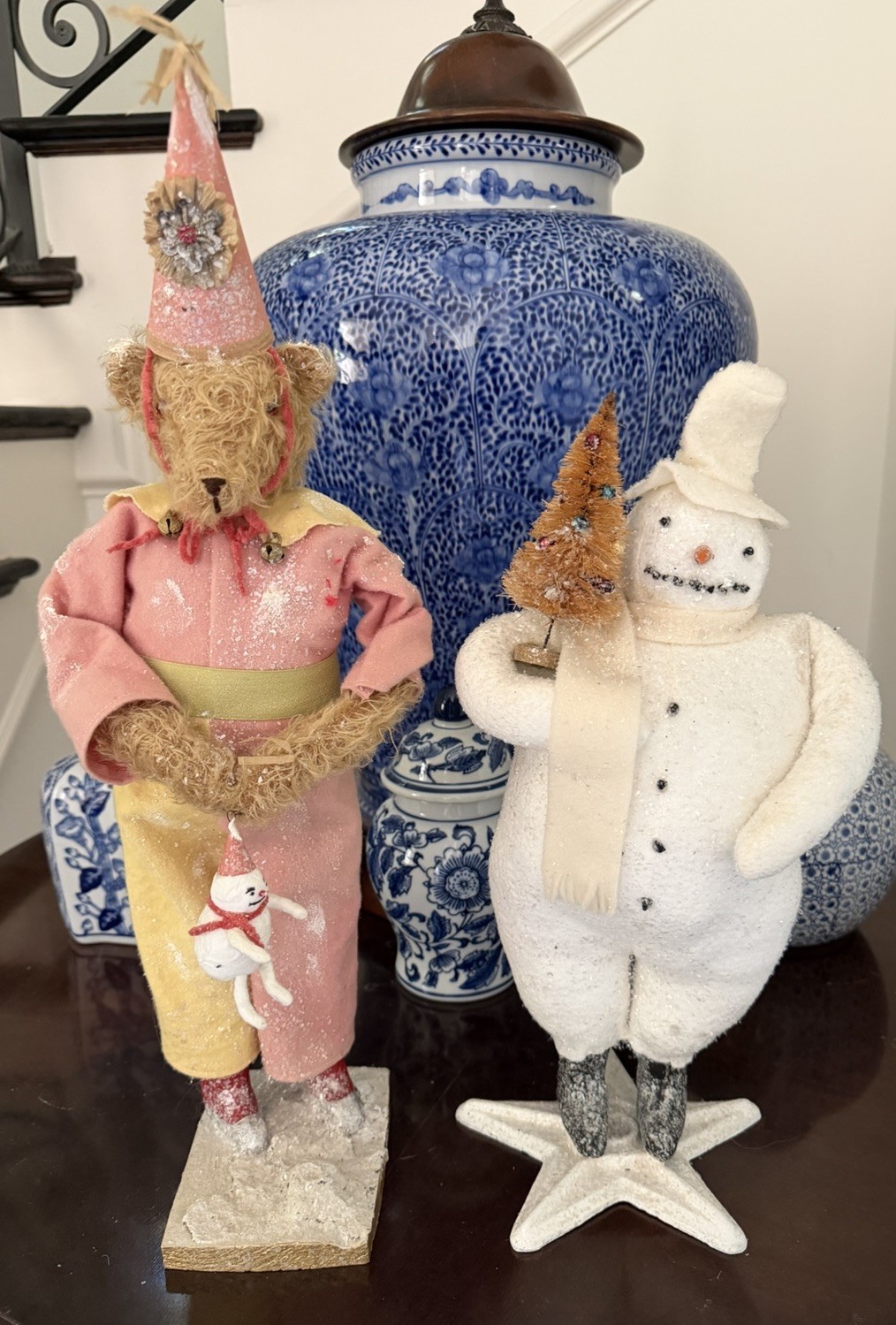 Lot of 2 Cody Foster Vintage Large Folk Art Snowman  and Bear 2003