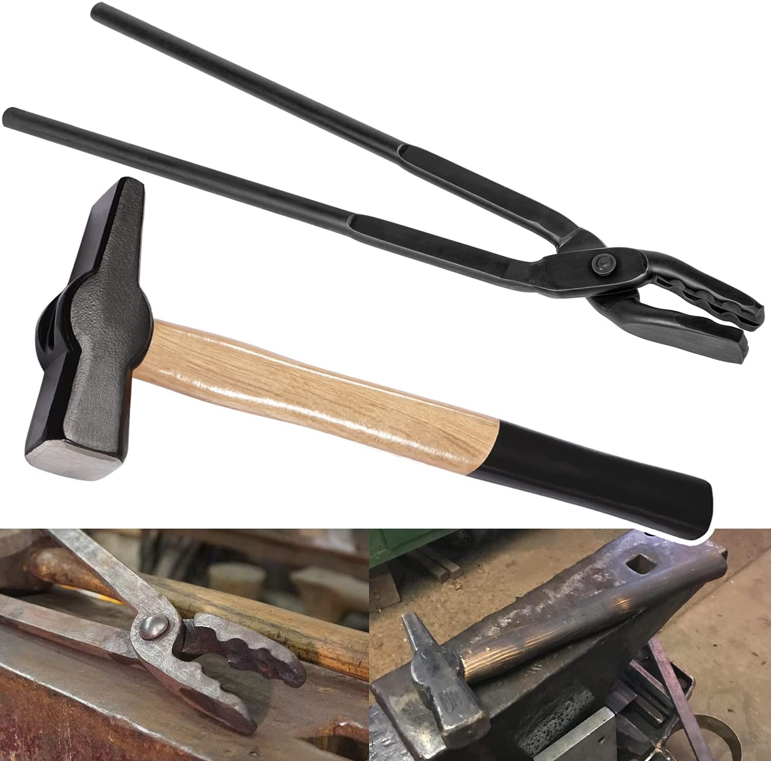 Blacksmith 17” Wolf Jaw Tongs and Hammer Tool Set Essential Tools for Blacksmith