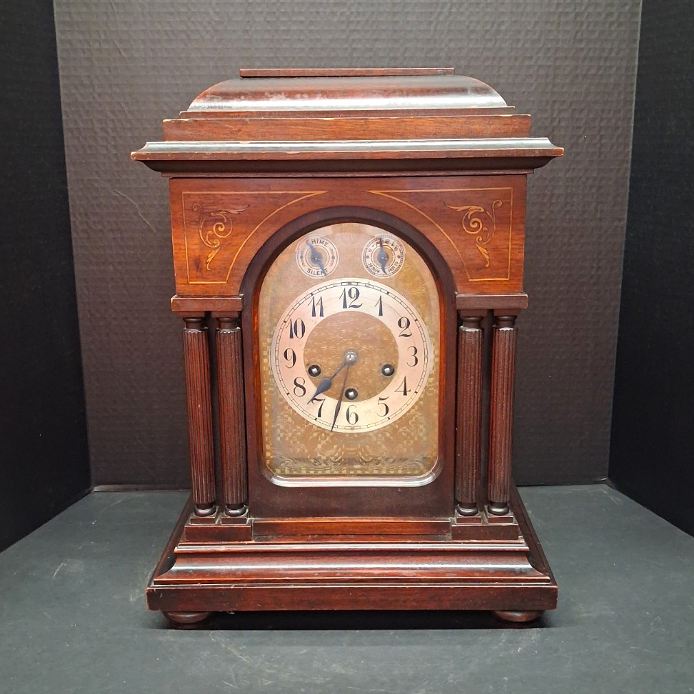 ANTIQUE GERMAN JUNGHANS WESTMINSTER CHIME MANTEL CLOCK WITH INLAYED CASE