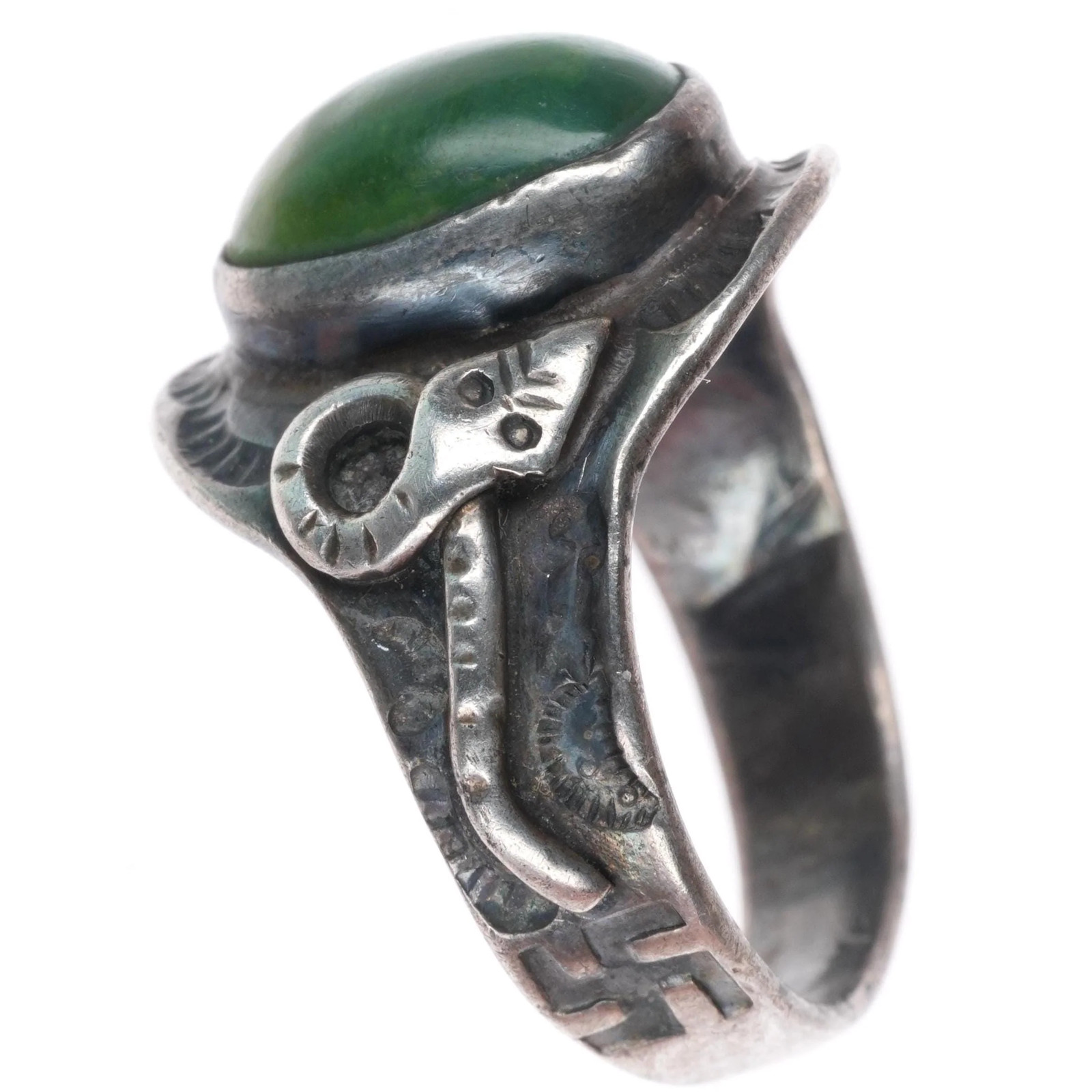 sz8 c1930 Navajo sterling silver Cerrillos turquoise whirling logs/Snakes ring