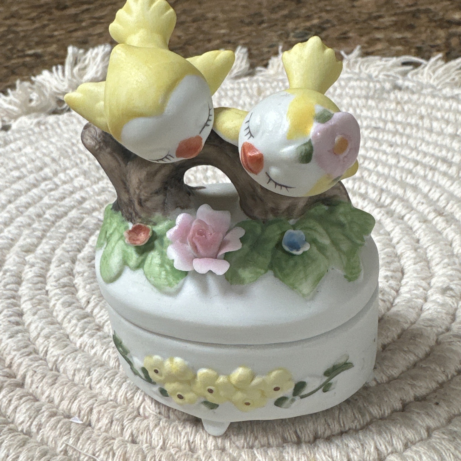 Lefton Yellow Anthropomorphic Bird Trinket Flowers  Floral Bisque  W Sticker