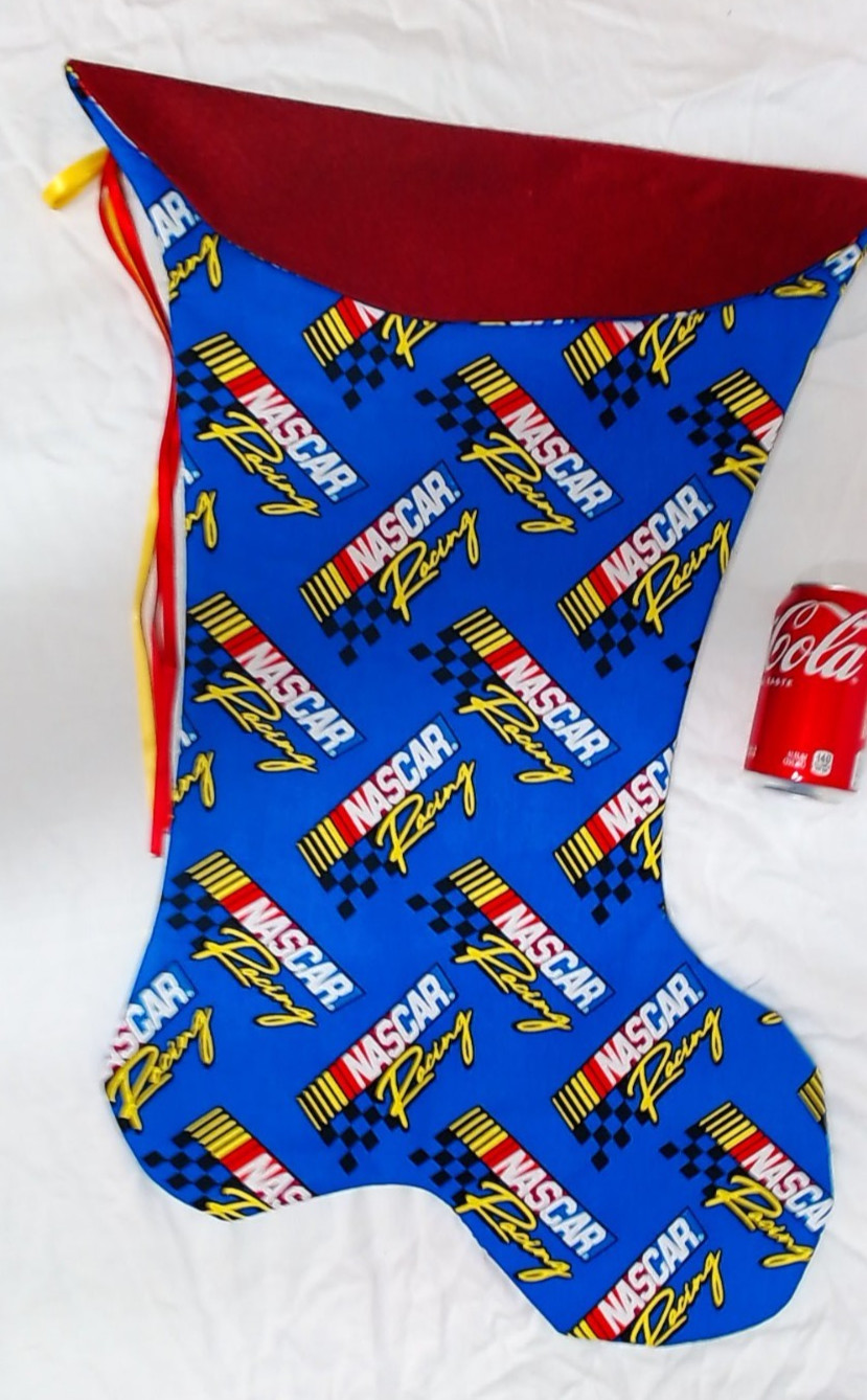 GIANT CHRISTMAS STOCKING NASCAR PRINT , NEW  HANDCRAFTED, USA