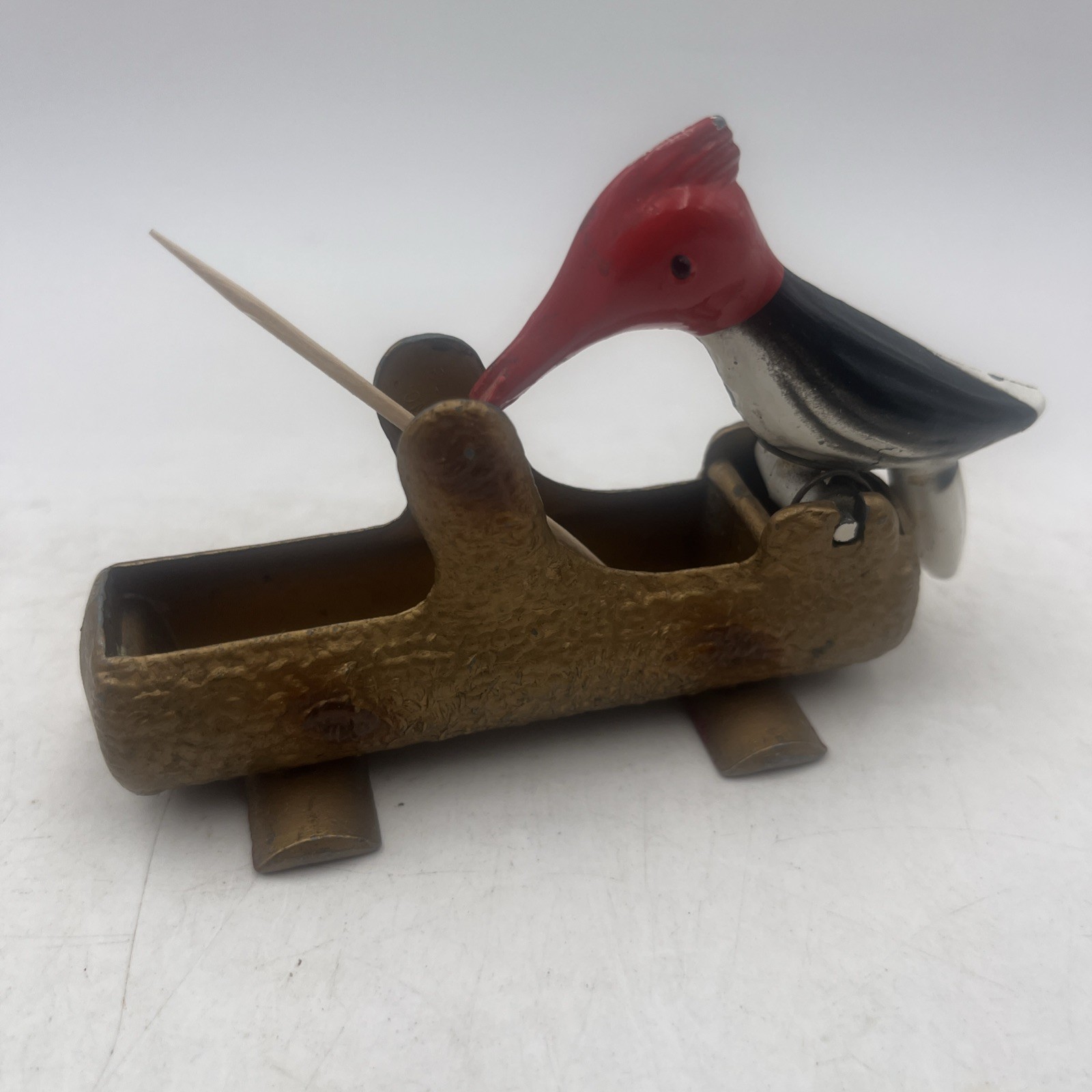 Vintage 1950s Mechanical Woodpecker on Log Toothpick Holder Dispenser Cast Metal Vintage 1950s Mechanical Woodpecker on Log Toothpick Holder Dispenser Cast Metal