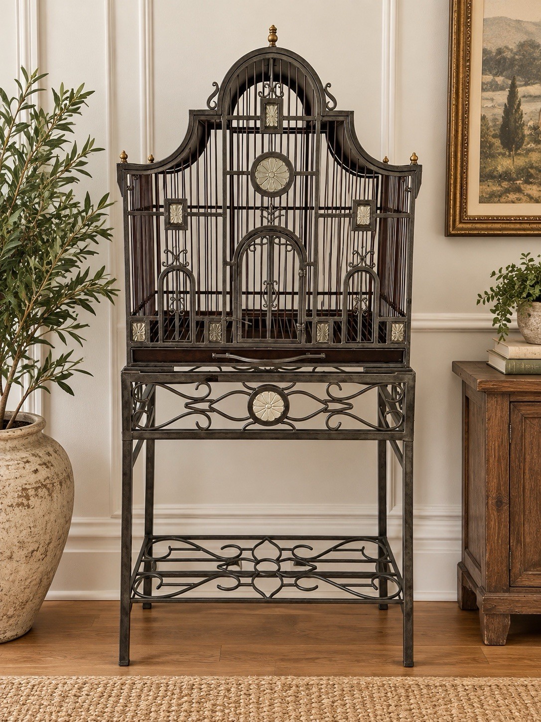 Vintage Victorian Cast Iron Metal Bird Cage Domed W/ Glass Accents Mint Cond.