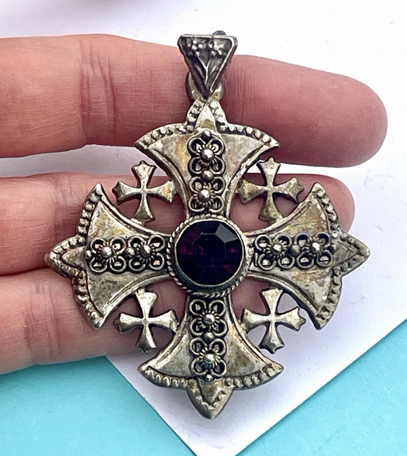 Vintage 900 Silver Jerusalem Cross Pendant