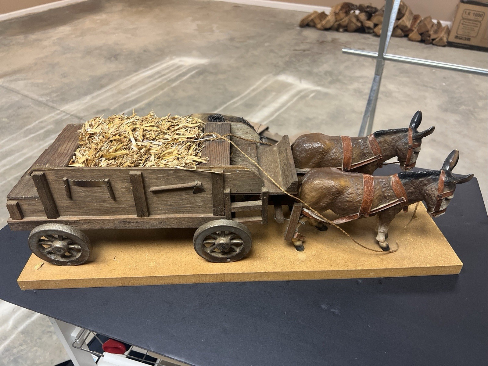 Vintage Handmade Folk Art Mule Wagon Hay Cart Wooden Farm Display Diorama