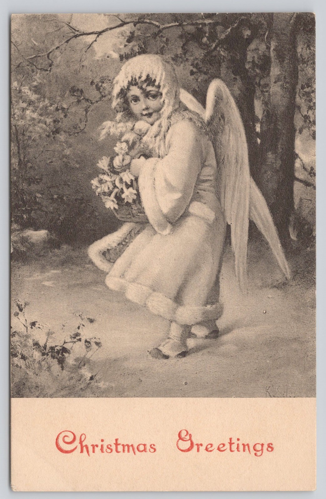 Antique Christmas Greetings Postcard Angel Flowers c1908 Posted Cincinnati UDB