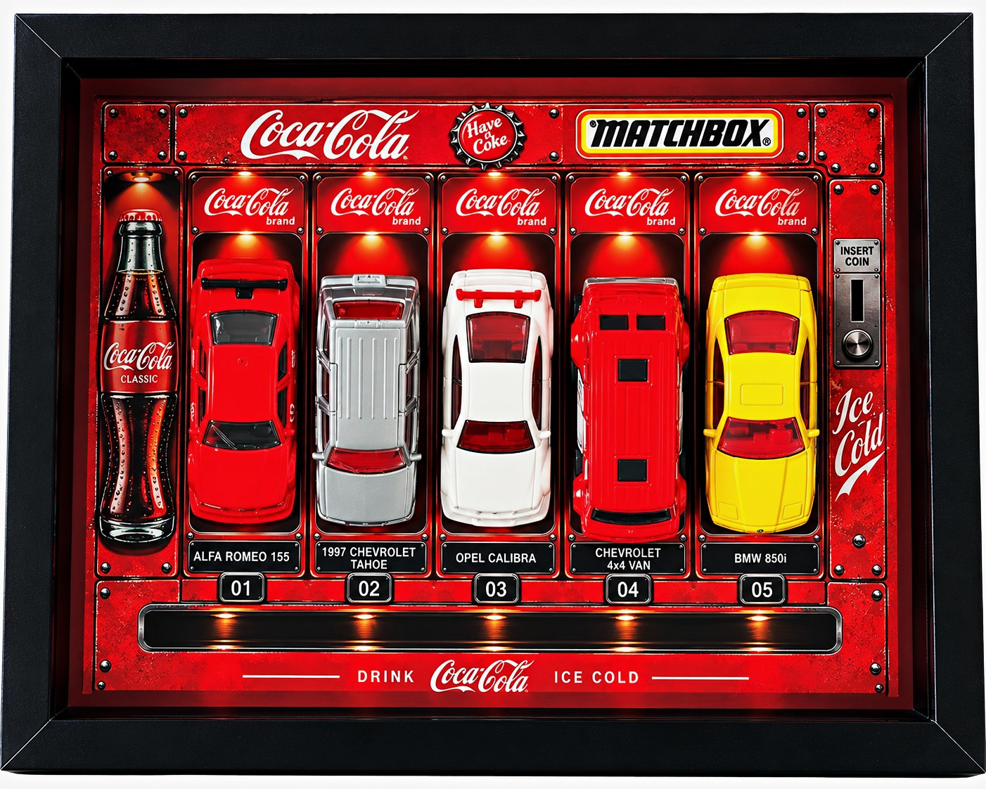 Vintage 1999 Coca-Cola Matchbox Diecast Car Shadow Box Display Frame Set