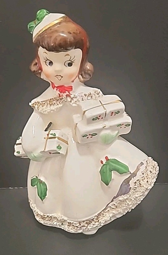 Vtg Relco?  Christmas Shopper Girl Coat Spaghetti trim Lady Figure Ceramic 50'S
