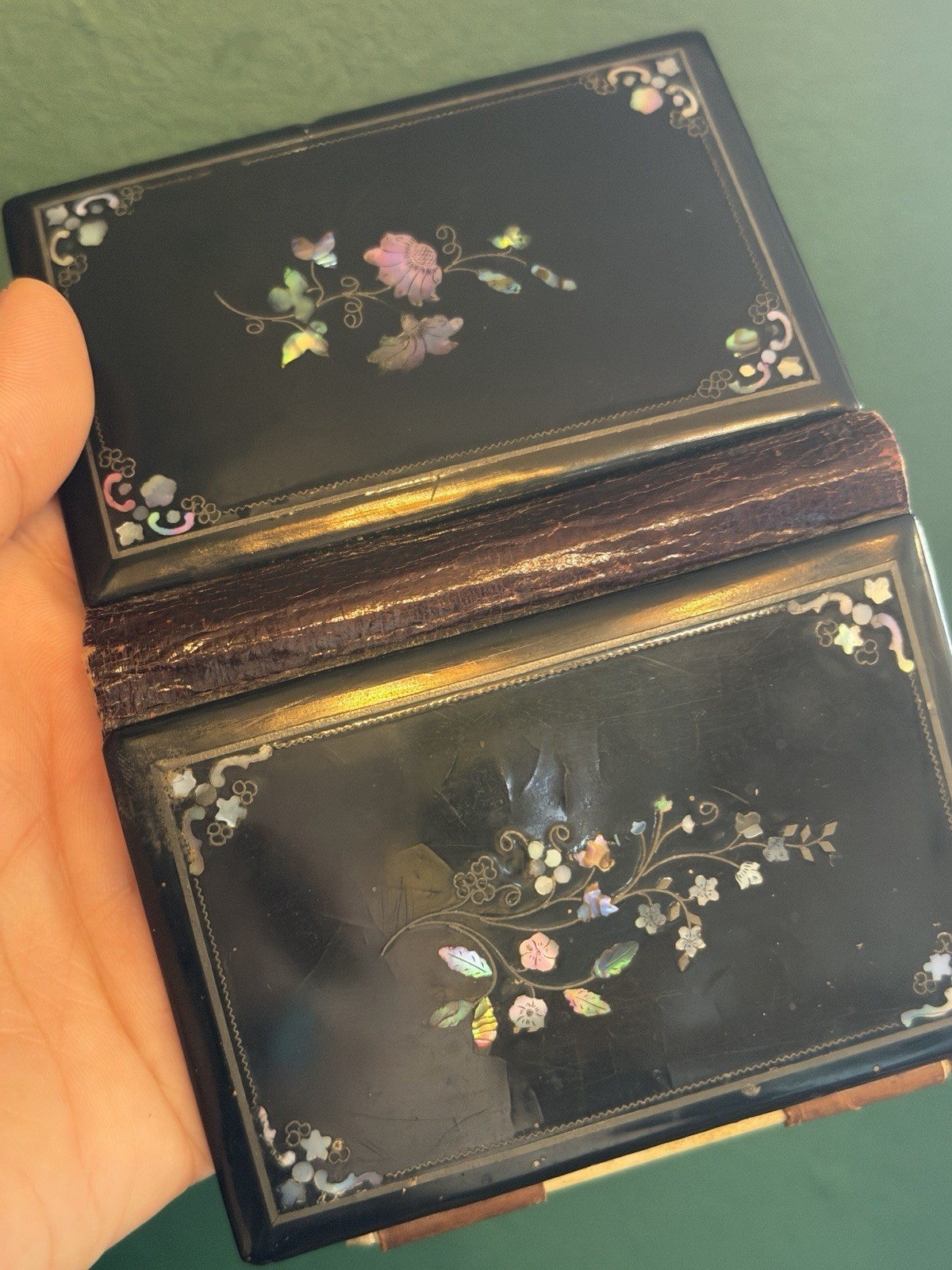 Antique Black Lacquer Mother of Pearl Inlaid Card Case with Pencil MOP