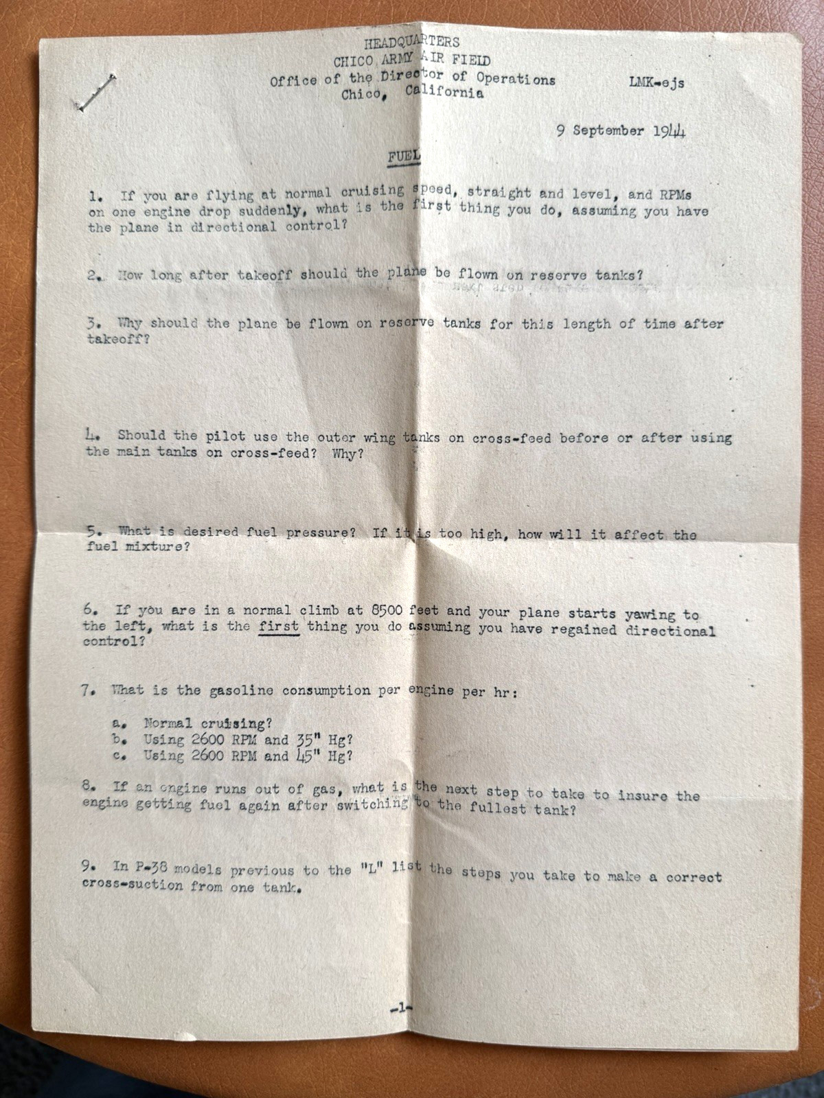 Army Air Force 1944 Flight Quiz ~  Chico Army Air Field Office of Director of Op