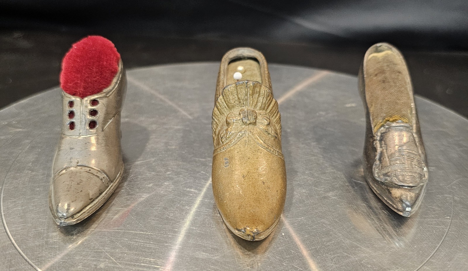 3 Vtg Old Victorian Small Pin Cushion Metal Shoes