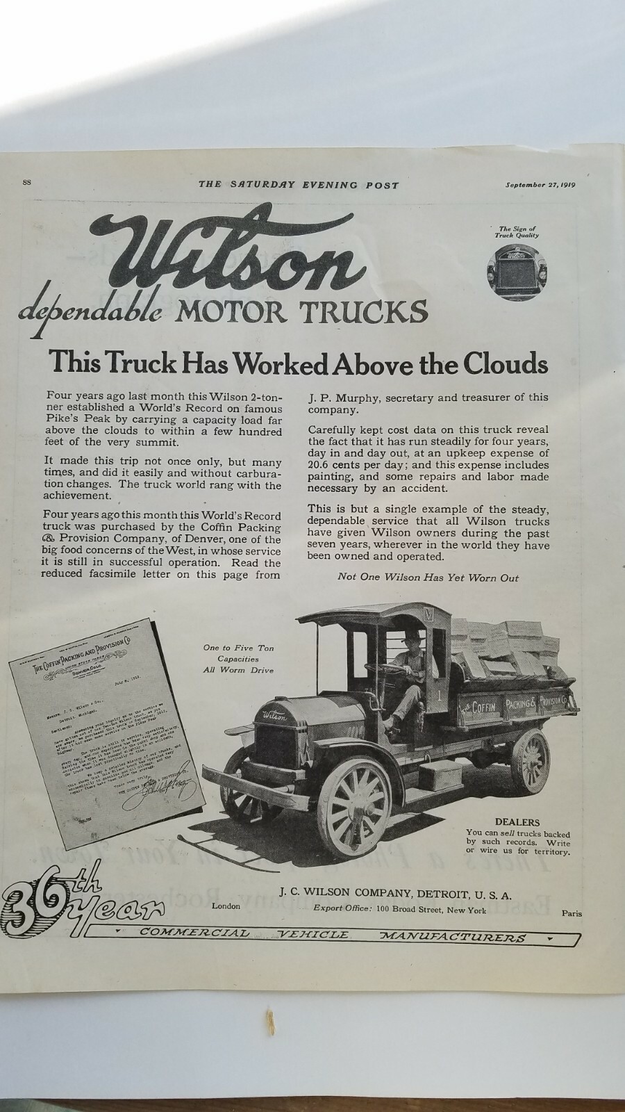 1919 JC Wilson company Coffin packing and provision truck vintage ad