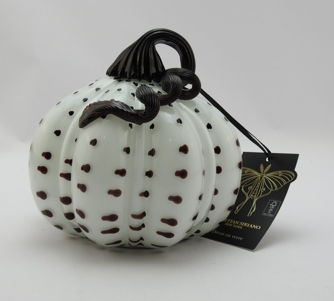Christian Siriano Hand Blown Glass Pumpkin White Black Spotted Fall Decor 6 In