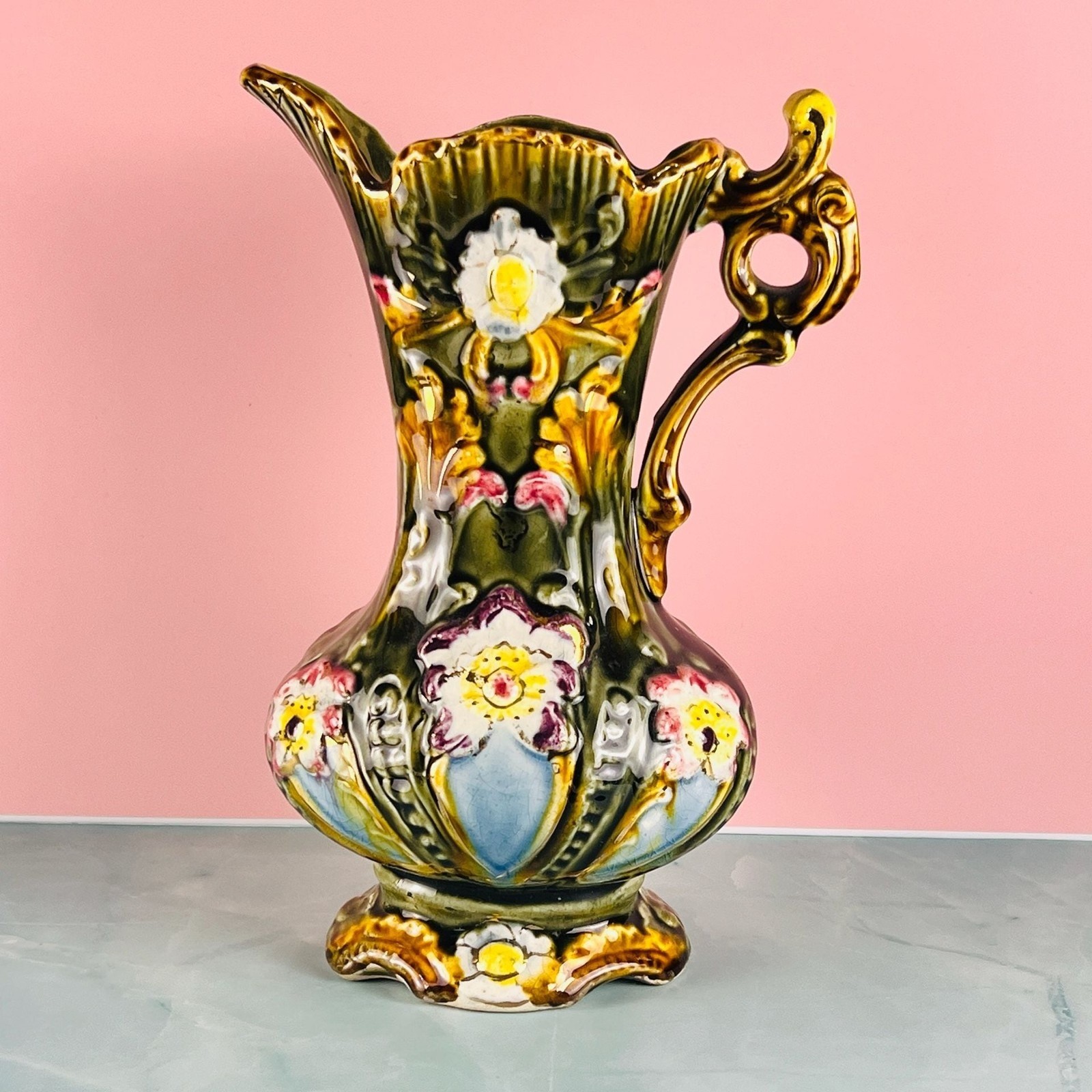 Antique Majolica Pitcher, Floral Relief, Green Gold Glaze, Mold 930