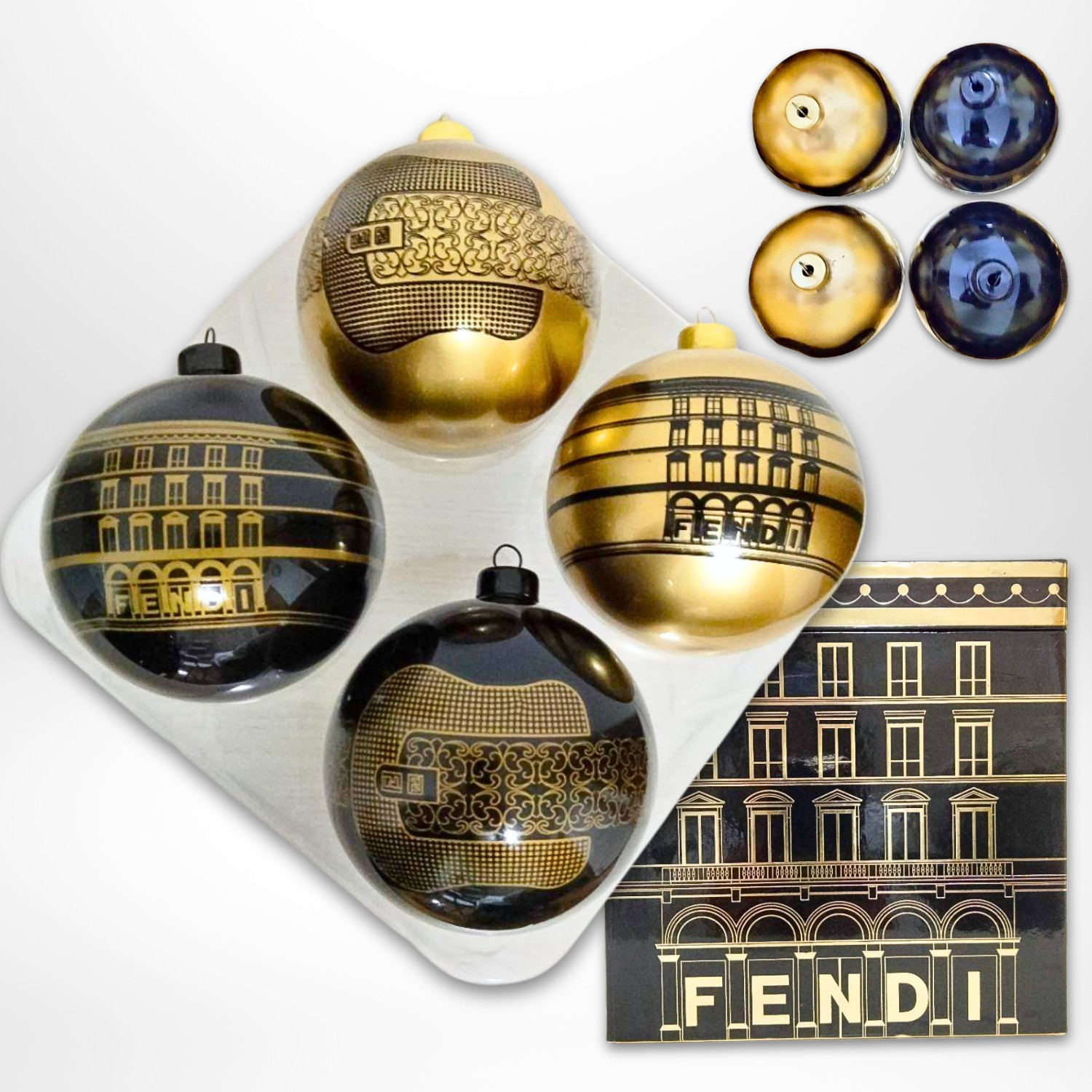 FENDI Christmas Ornaments Set of 4 Black Gold Luxury Box  Approx.  7.5 cm/2.9 in