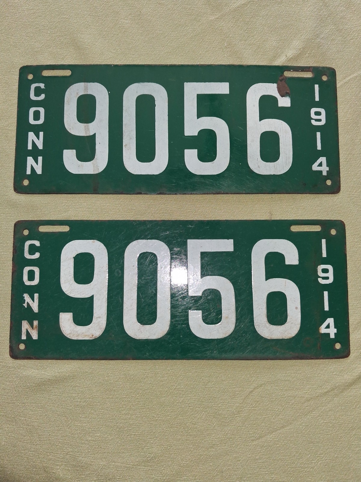 Pair of License Plates 1914 Connecticut Porcelain 4 Digit Number # 9056