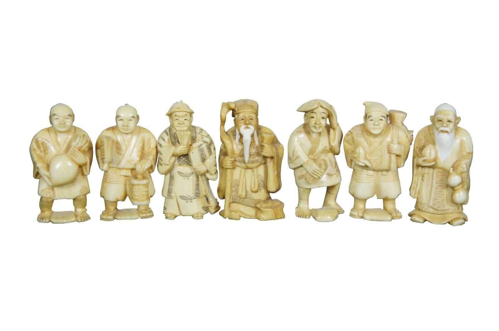 7 Japanese Miniature Resin Carved Okimono Lucky Gods of Fortune Figures