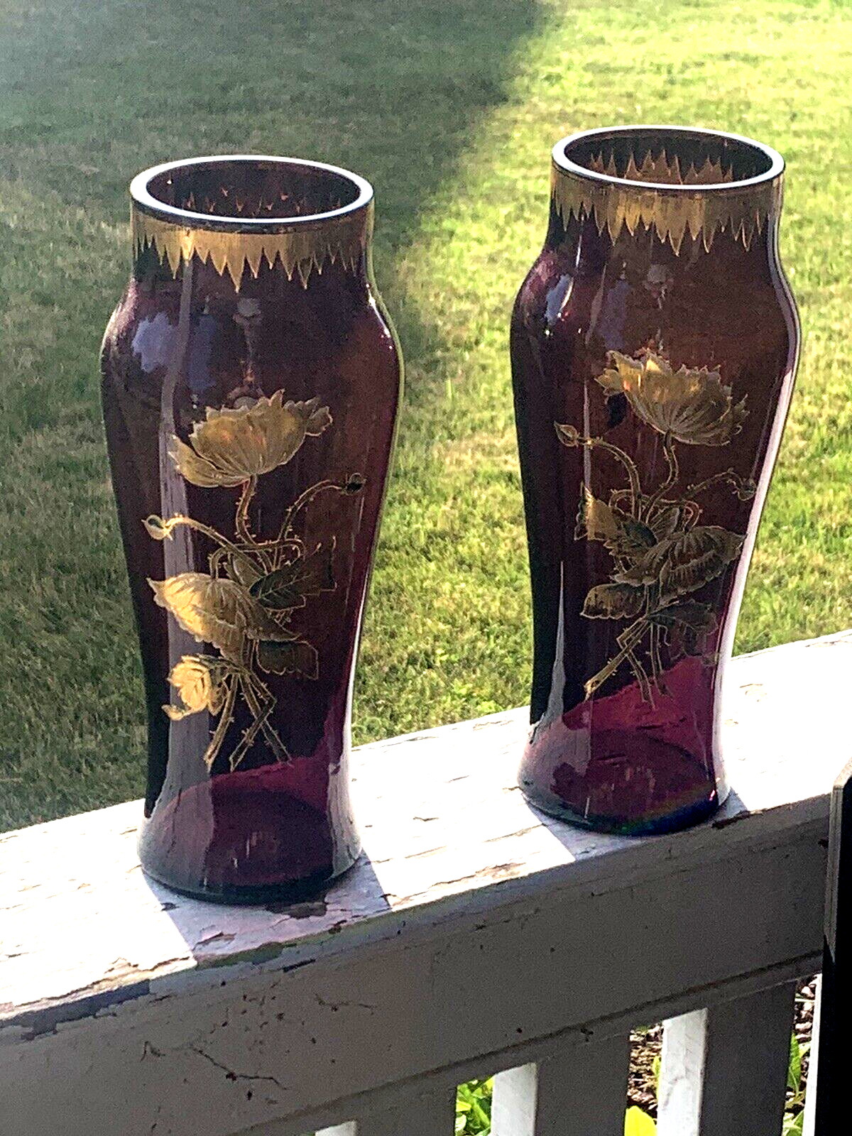 Legras & Cie Montjoye Art Nouveau Pair Purple Vase W/ Enameled Floral Décor (17D