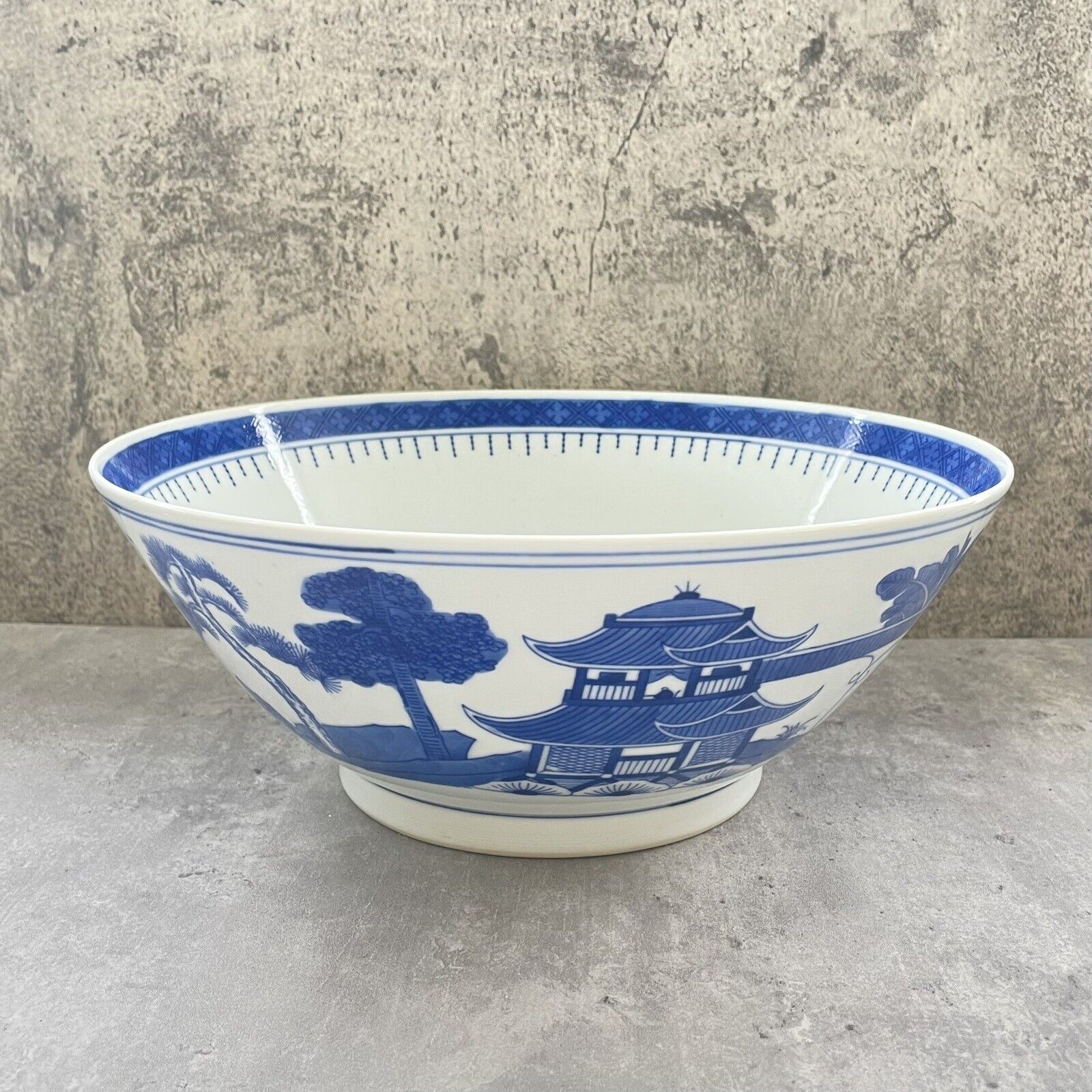 Vtg Jingdezhen Chinese Nanking Blue White 12” Large Porcelain Bowl Mid Century