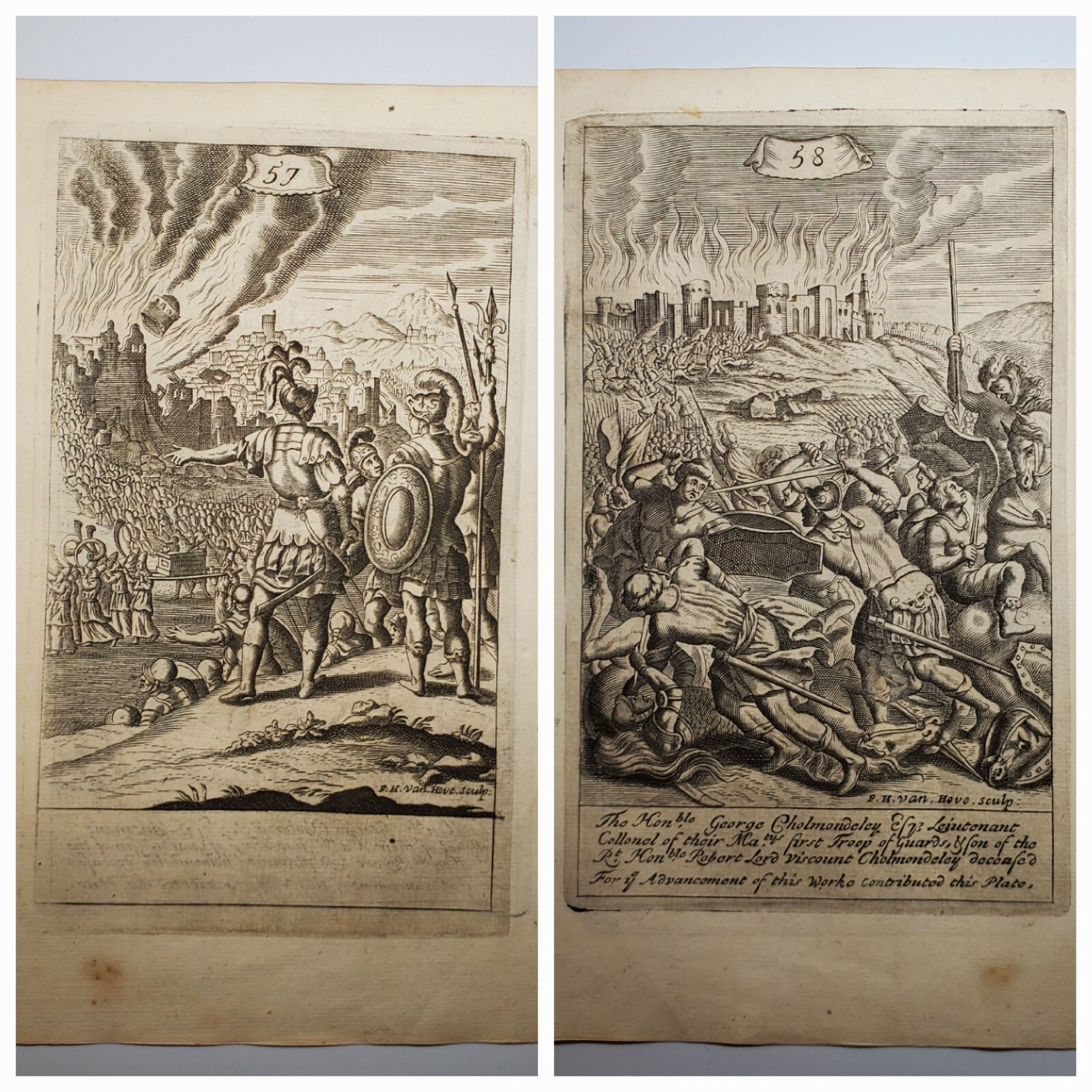 1703 Blome Bible Engraving Jericho Fall of Ai Van Hove Joshua 57 58 Antique Ark