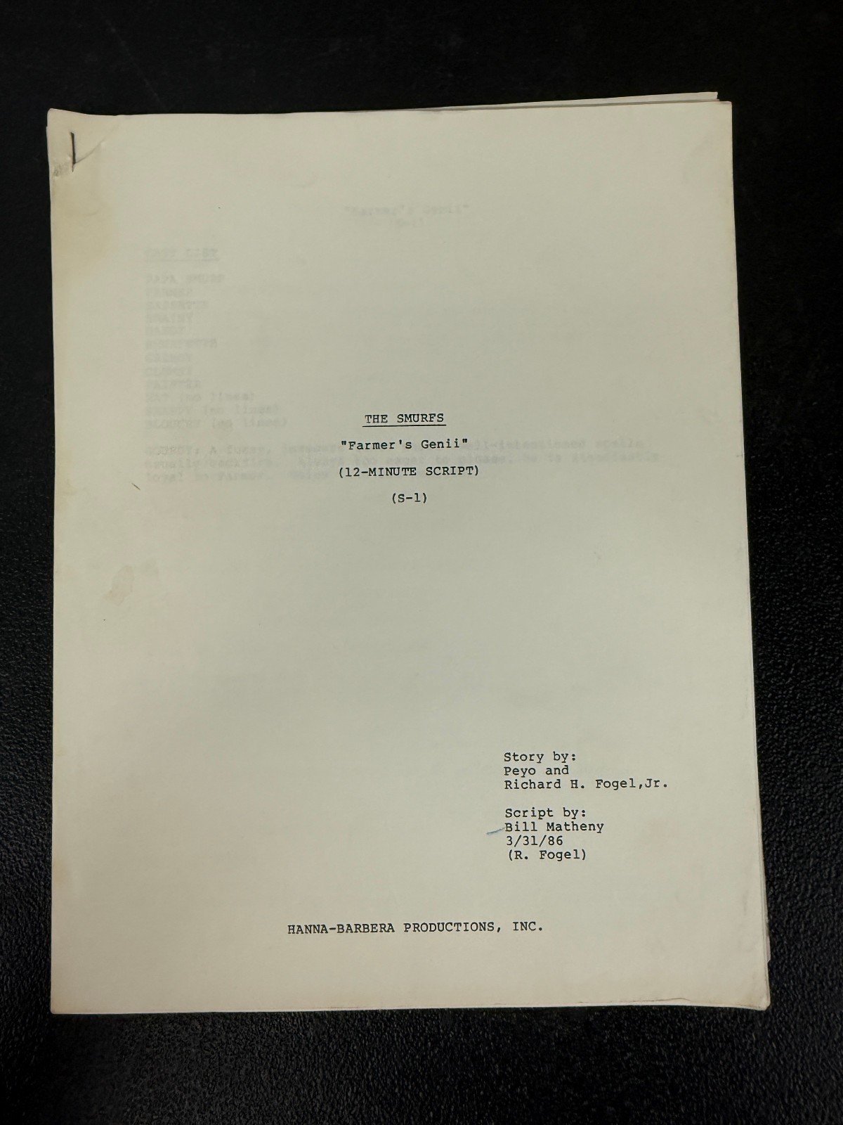 The Smurfs Original Script 1986 Farmer’s Genii Story by Peyo Hanna-Barbera S-1