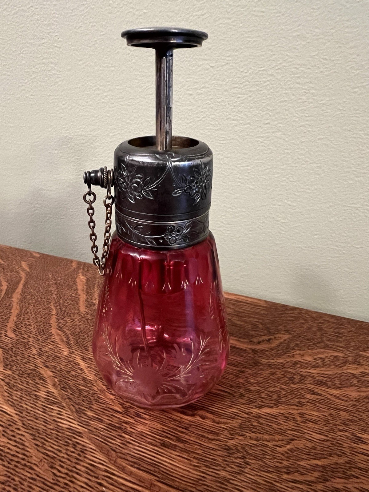 Antique Vintage Victorian Cranberry Glass Aerosol Etched Floral Perfume Bottle