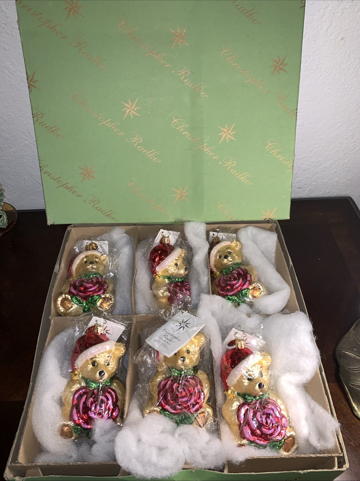 Christopher Radko Theodore Rose.Teddy Bear Glass Ornament 6 Piece Origional Box Christopher Radko Theodore Rose.Teddy Bear Glass Ornament 6 Piece Origional Box