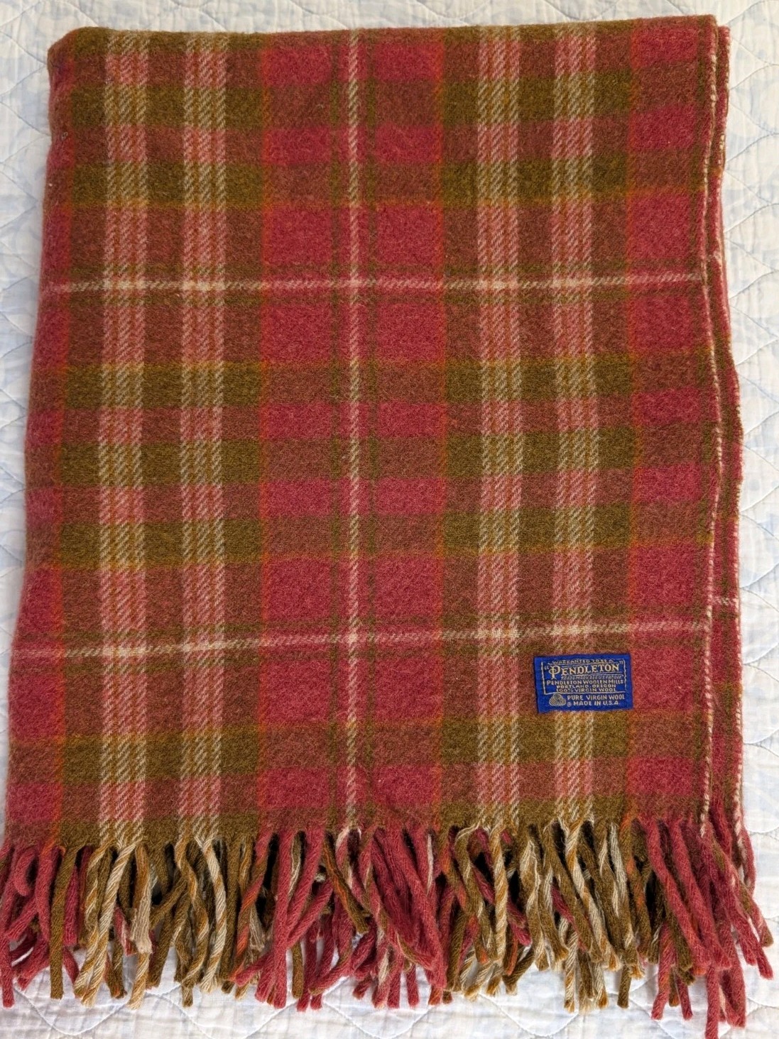 Vtg Pendleton Wool Blanket Throw Plaid Fringe 1960s Blue Label USA Made 61 x 52