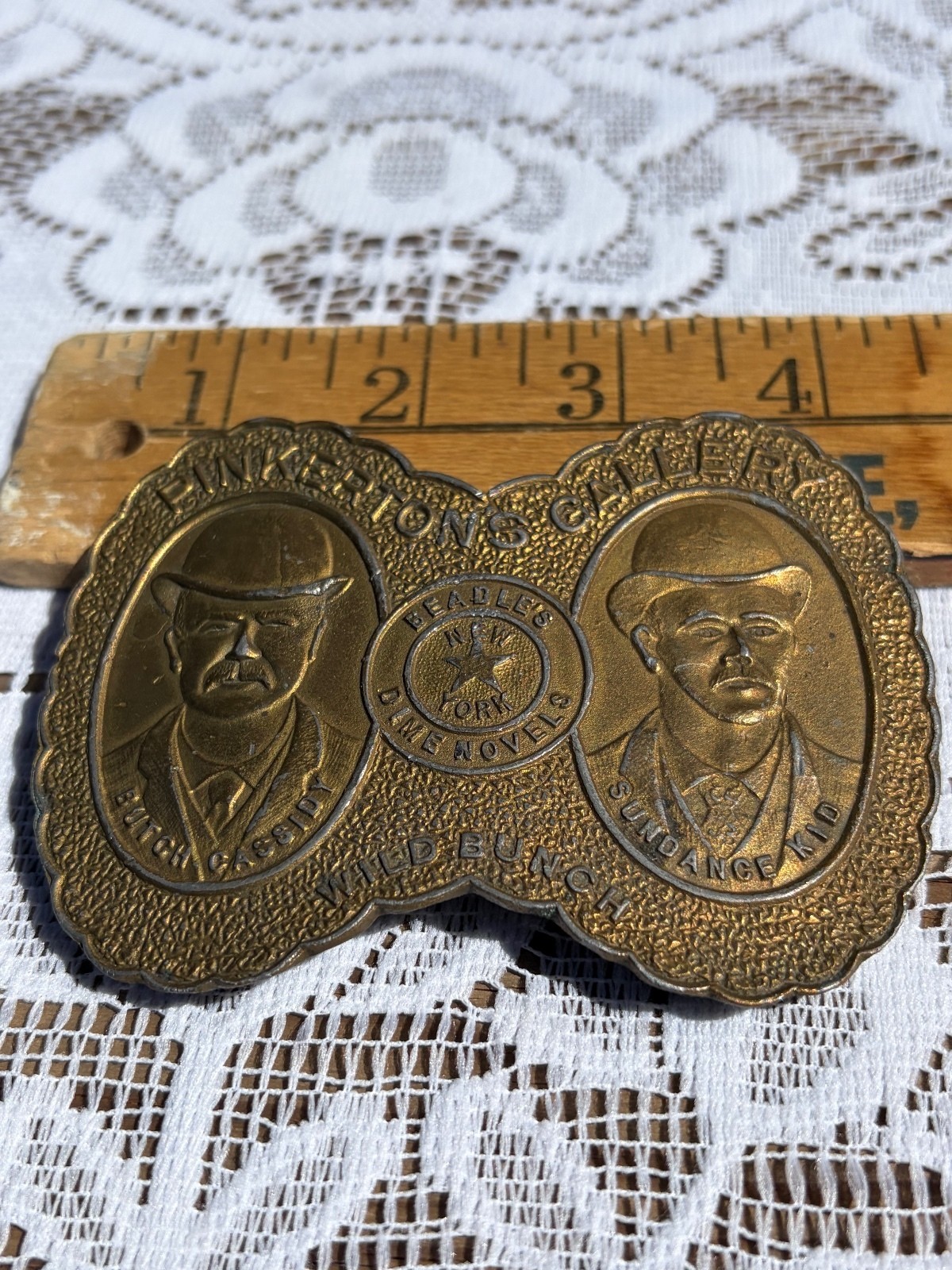 Vintage 1970s Brass Belt Buckle Pinkertons Gallery Butch Cassidy Sundance Kid