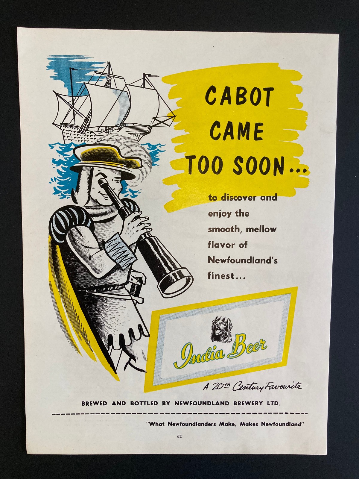 RARE 1959 CANADA CANADIAN AD INDIA PALE ALE BEER NEWFOUNDLAND BREWERY JOHN CABOT