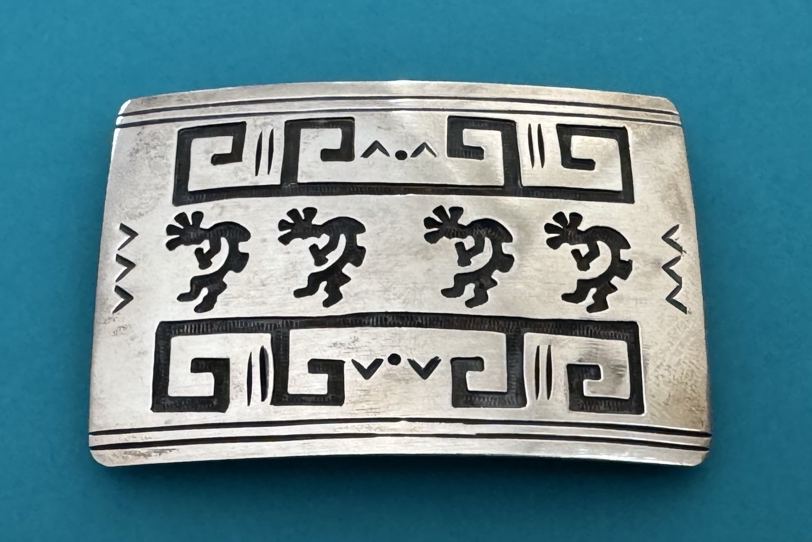 Vintage Native American Signed B Sterling Silver 4 KOKOPELLI Dancers Belt Buckle
