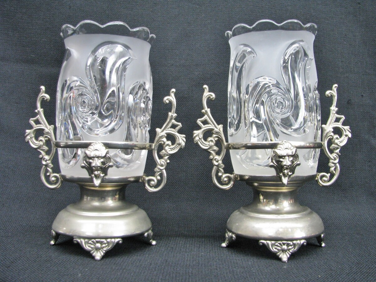 Pair of 19th Century Fostoria Victoria Celery Vases w/ Lion Head Stands; Mint