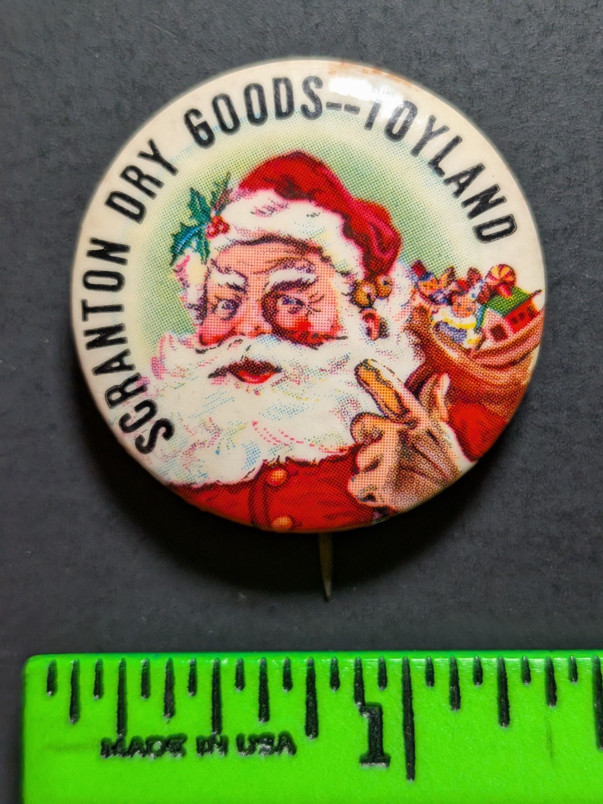 Vintage Scranton PA Dry Goods Toyland Santa Pinback Pin Vintage Scranton PA Dry Goods Toyland Santa Pinback Pin
