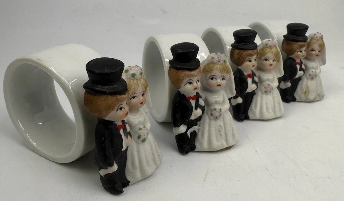 Vintage EGO Korea Bride Groom Napkin Rings Set of 4 Porcelain Wedding