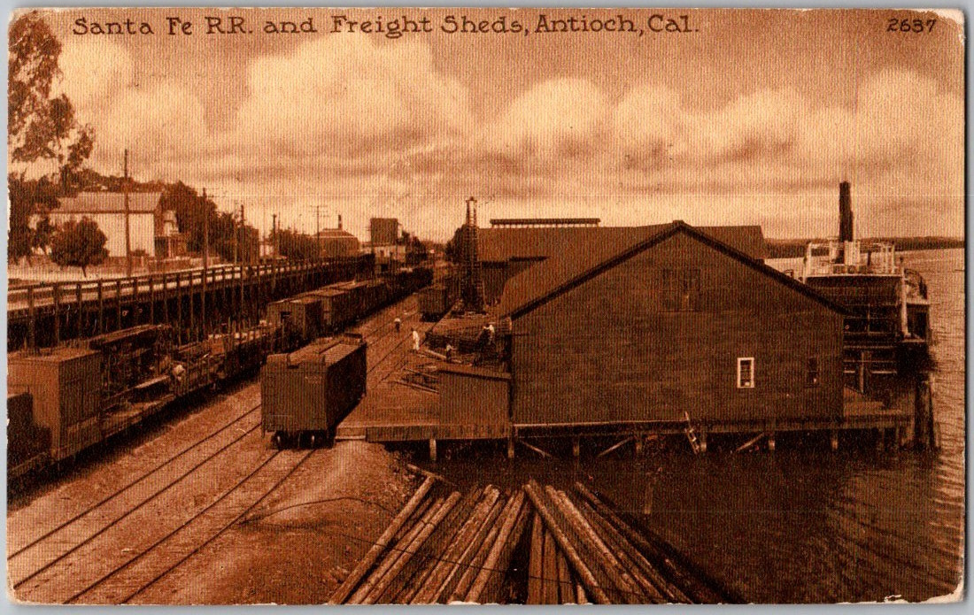 Antique 1920's Postcard Santa Fe Railroad & Freight Sheds, Antioch, California