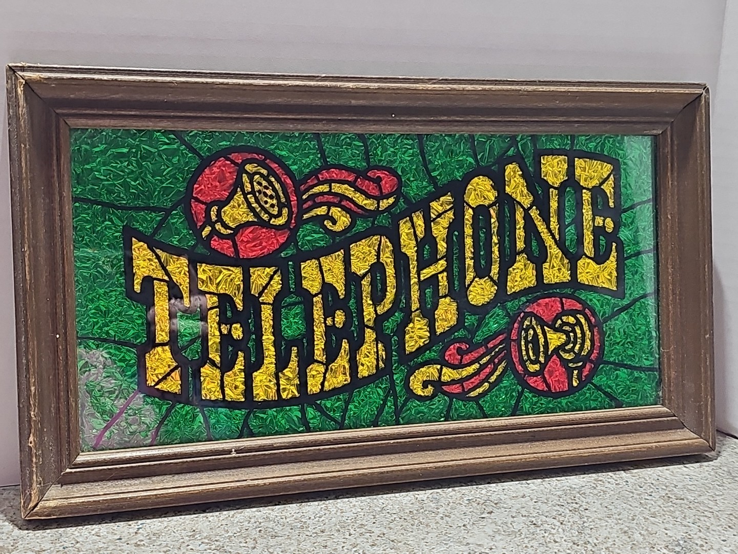 Vintage A&F Products 1970s TELEPHONE Faux Stained Glass Sign 
