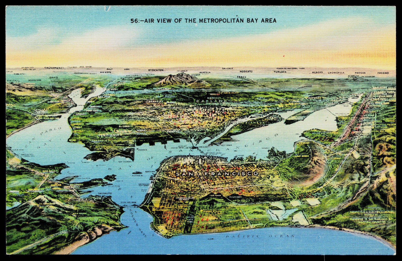 c1940s San Francisco Metropolitan Bay Area Topographical Linen Map Postcard