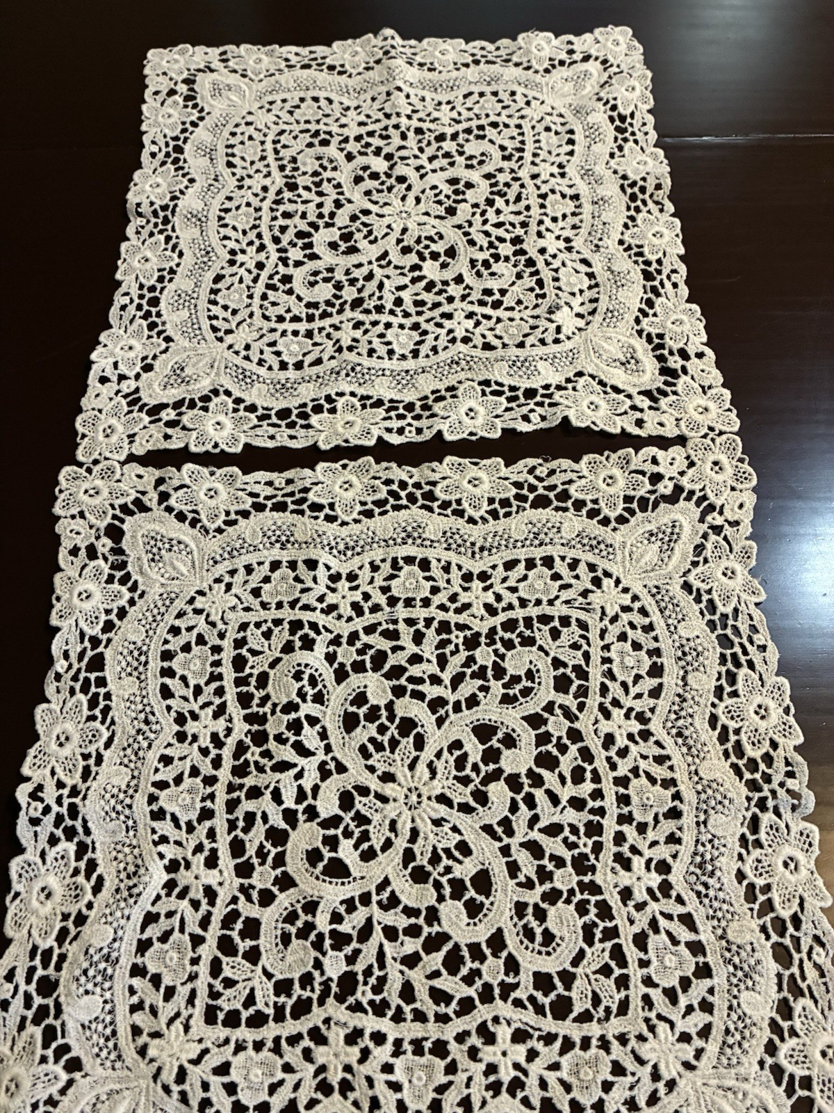 Set of 2 Vintage White Guipure Venice Lace Doilies 11.5x11.5 Square Clean Matt