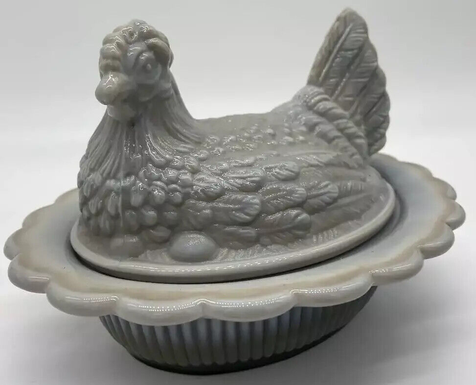 Chicken Hen on Nest Covered Dish - Gray Marble Glass - Mosser USA