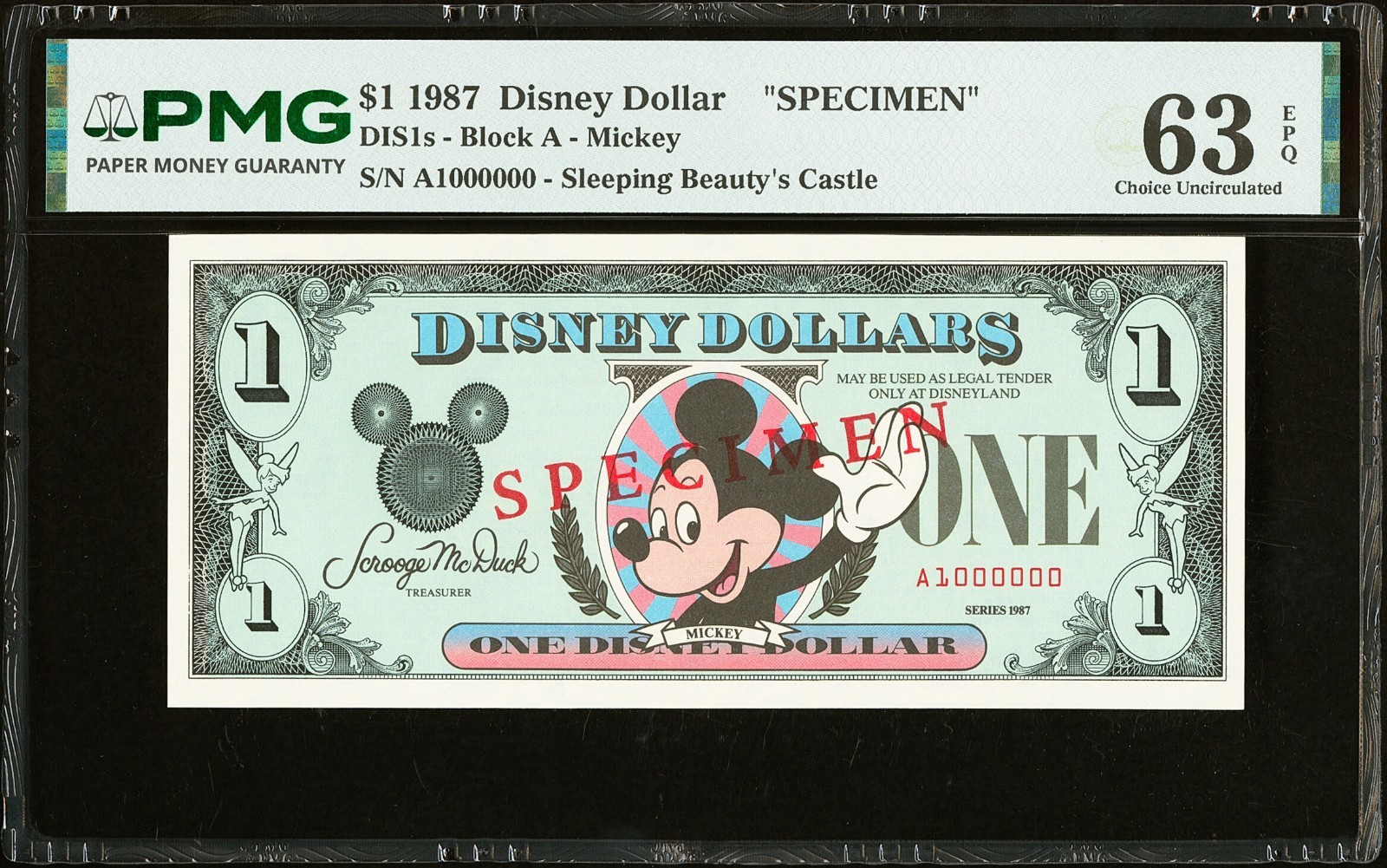 Rare 1987 $1 Disney Dollar Proprietary Specimen PMG Choice Uncirculated 63 EPQ