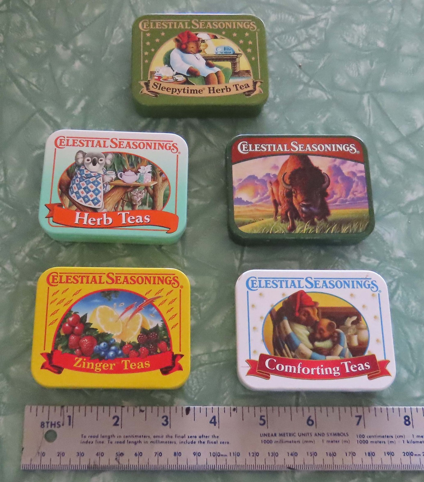 Vintage Celestial Seasonings Tea Tin Lot of 5 Mini Metal Advertising Tins 2002