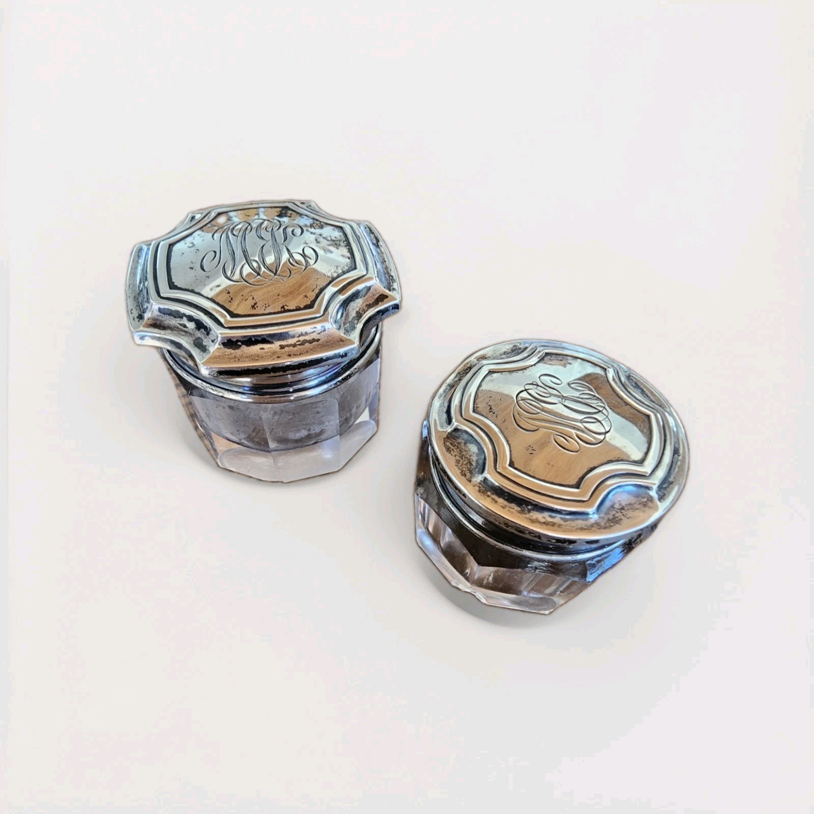 2 Antique Miniature Cut Crystal Dresser Jars, Sterling Silver Tops