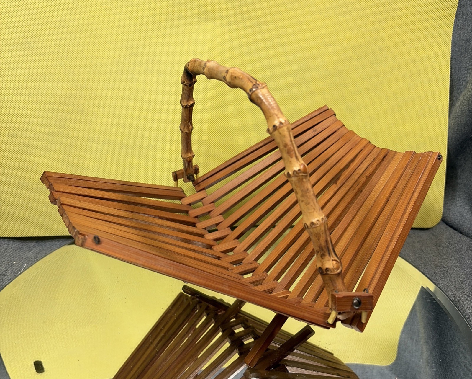 Vtg MCM Folding Bamboo Basket 10\