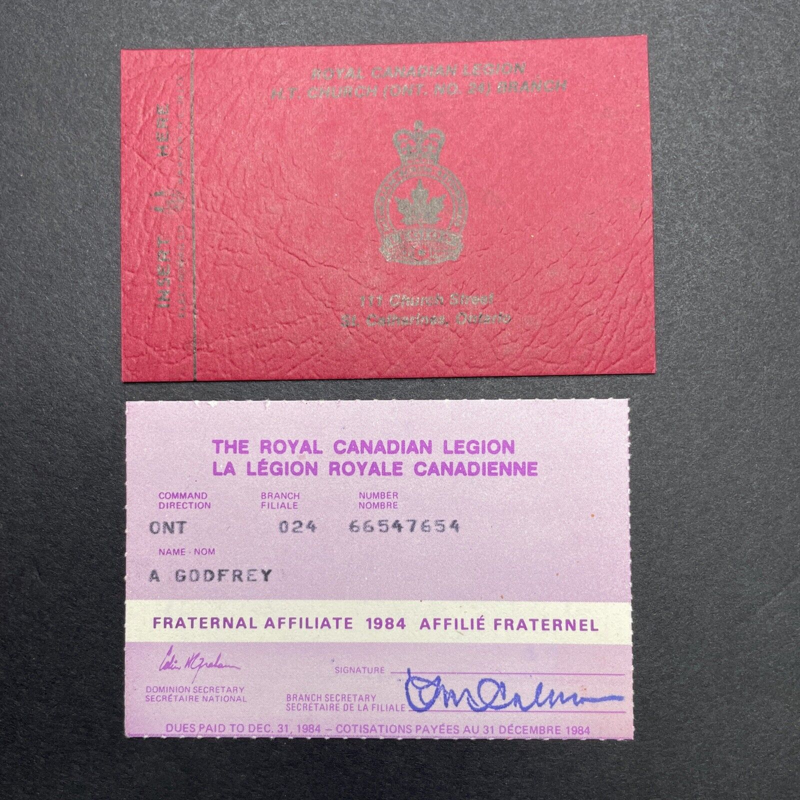 Vintage 1984 Royal Canadian Legion Veterans Membership Card St. Catharines R2414