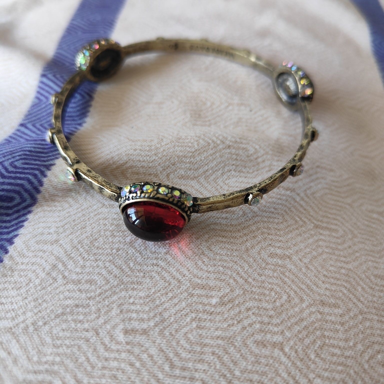 Vintage Ornate Red Crystal Bangle Antique Bronze Statement Cuff Bracelet