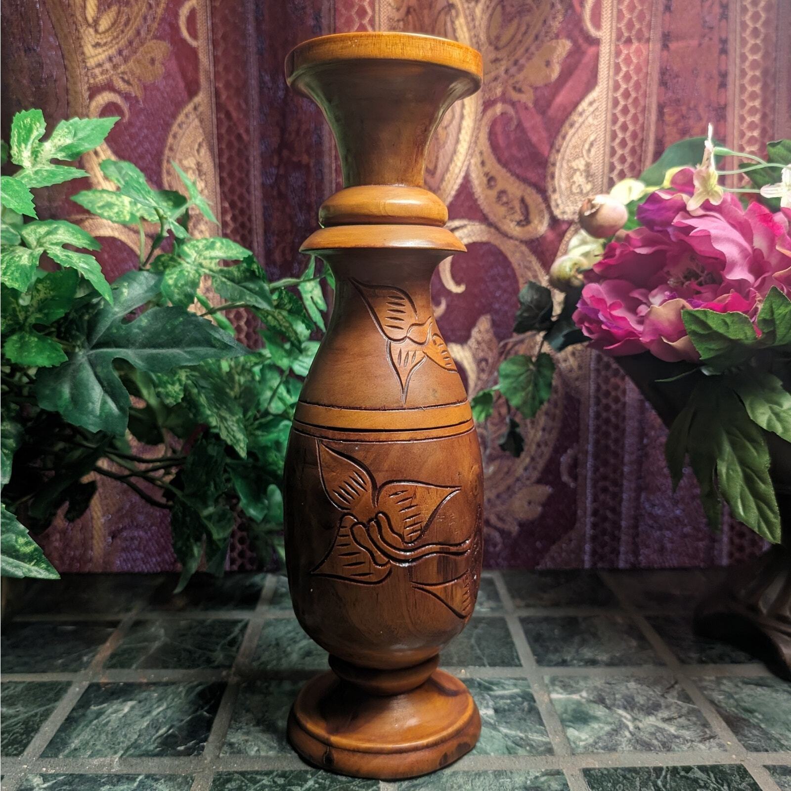 Indonesian Hand Carved Vintage Two Piece Wooden Vase OOAK Travel Gift 