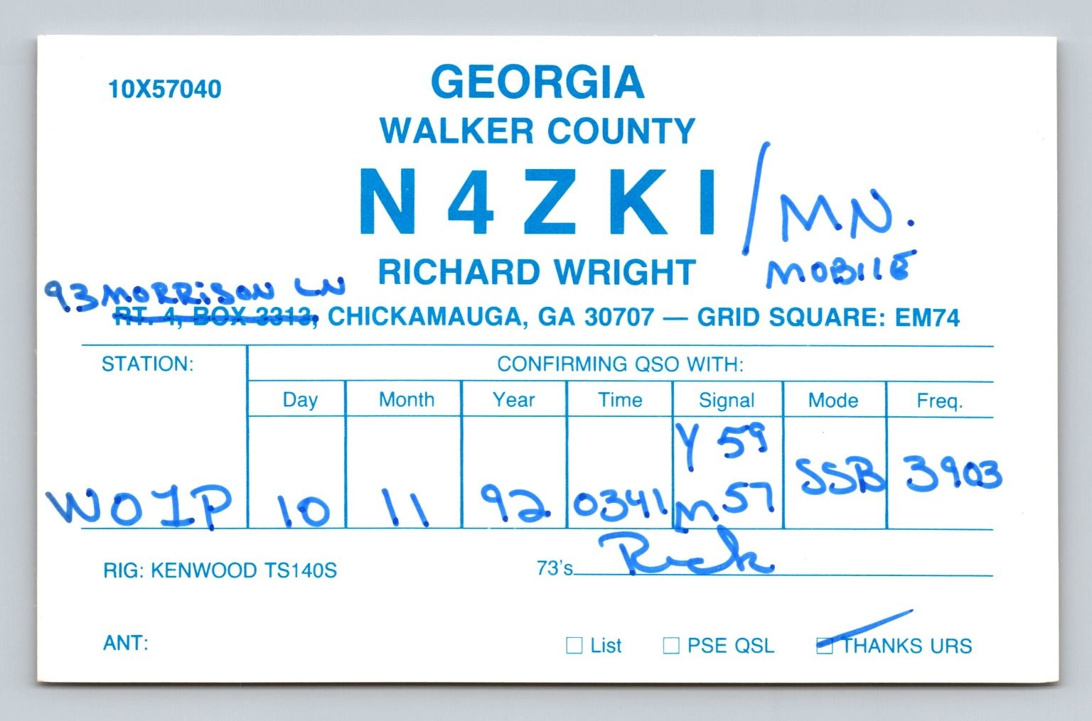 Ham Radio QSL N4ZKI Georgia USA 1992 Kenwood TS140S Mobile SSB