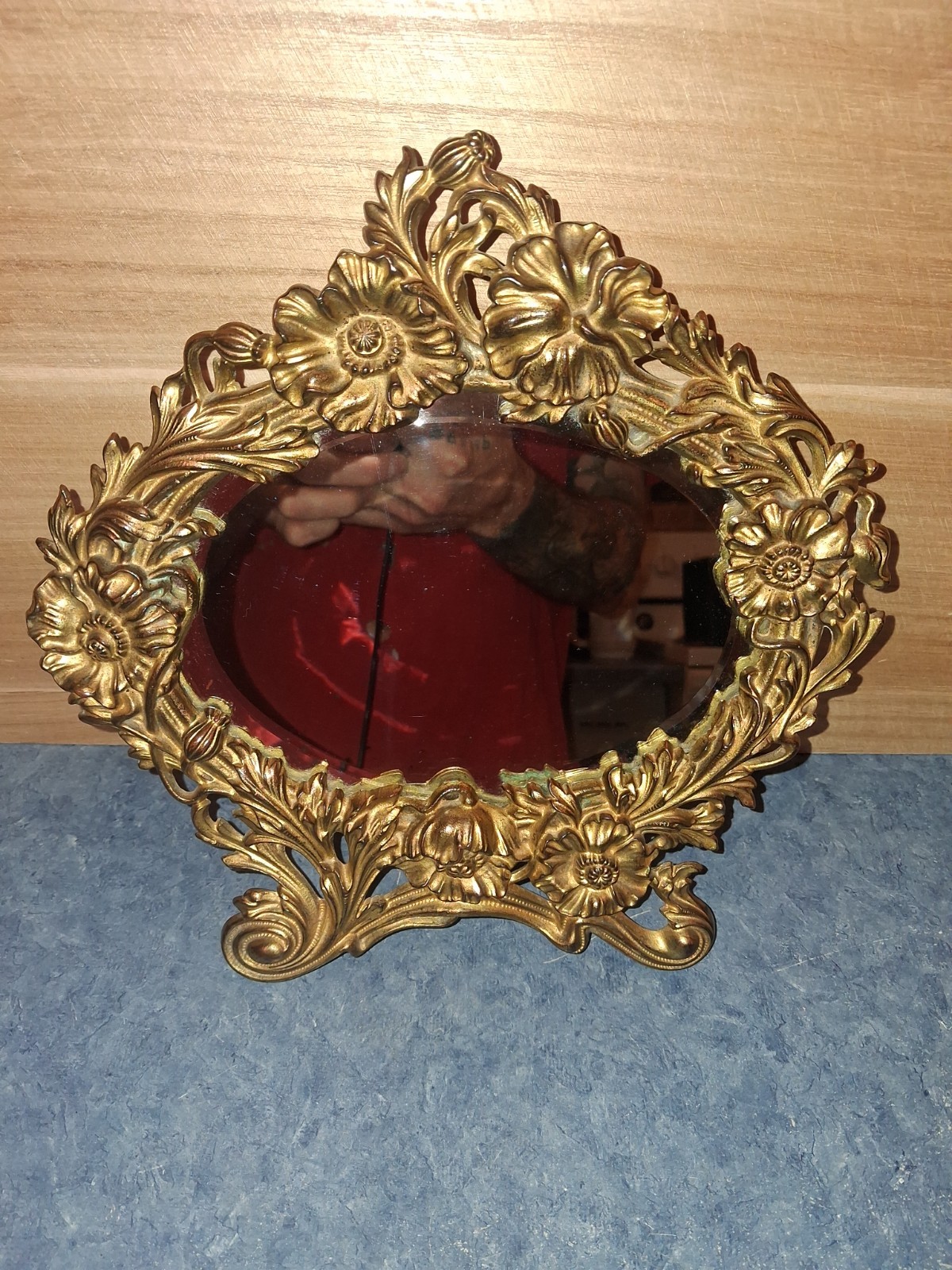 Antq Art Nouveau Tabletop Vanity Mirror Ornate Floral Gold Gilt #553-10.5×10.75
